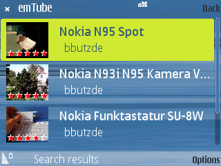 Youtube Suchergebnisse auf dem N95 mit Vorschau und Sternebewertung - emTube