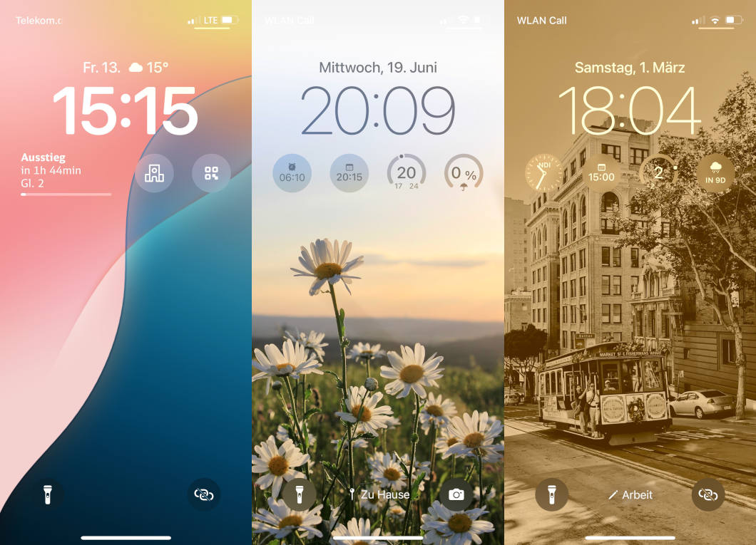 Verschiedene mit Widgets belegte Sperrbildschirme